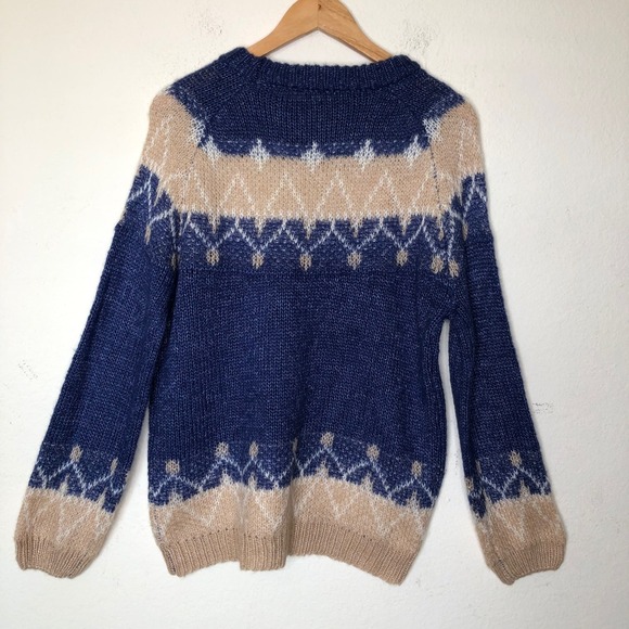 Mohair Knit Sweater XL Blue Beige Diamond Pattern Pullover Cozy Warm - Picture 11 of 14
